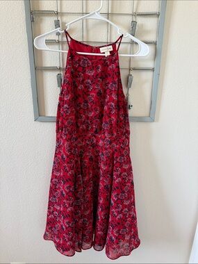 Maison Jules Red Floral Sleeveless Dress with Navy Print